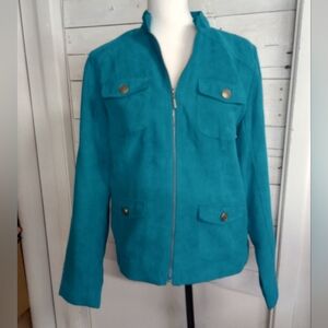 Studio Works Womens Faux Suede Zip Up Blazer Jacket Size Size 10 Aqua Lined.